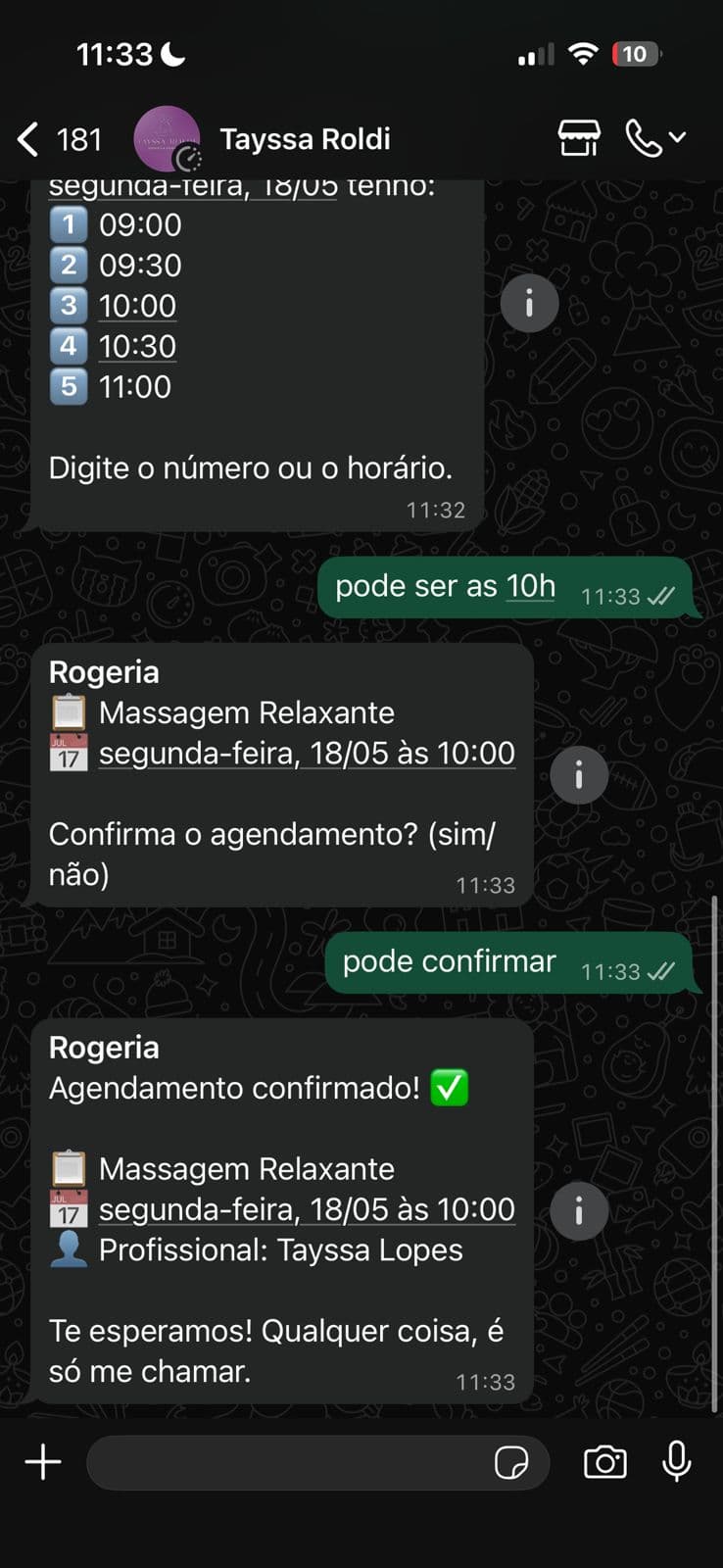 Lumclin confirmando o agendamento automaticamente no WhatsApp
